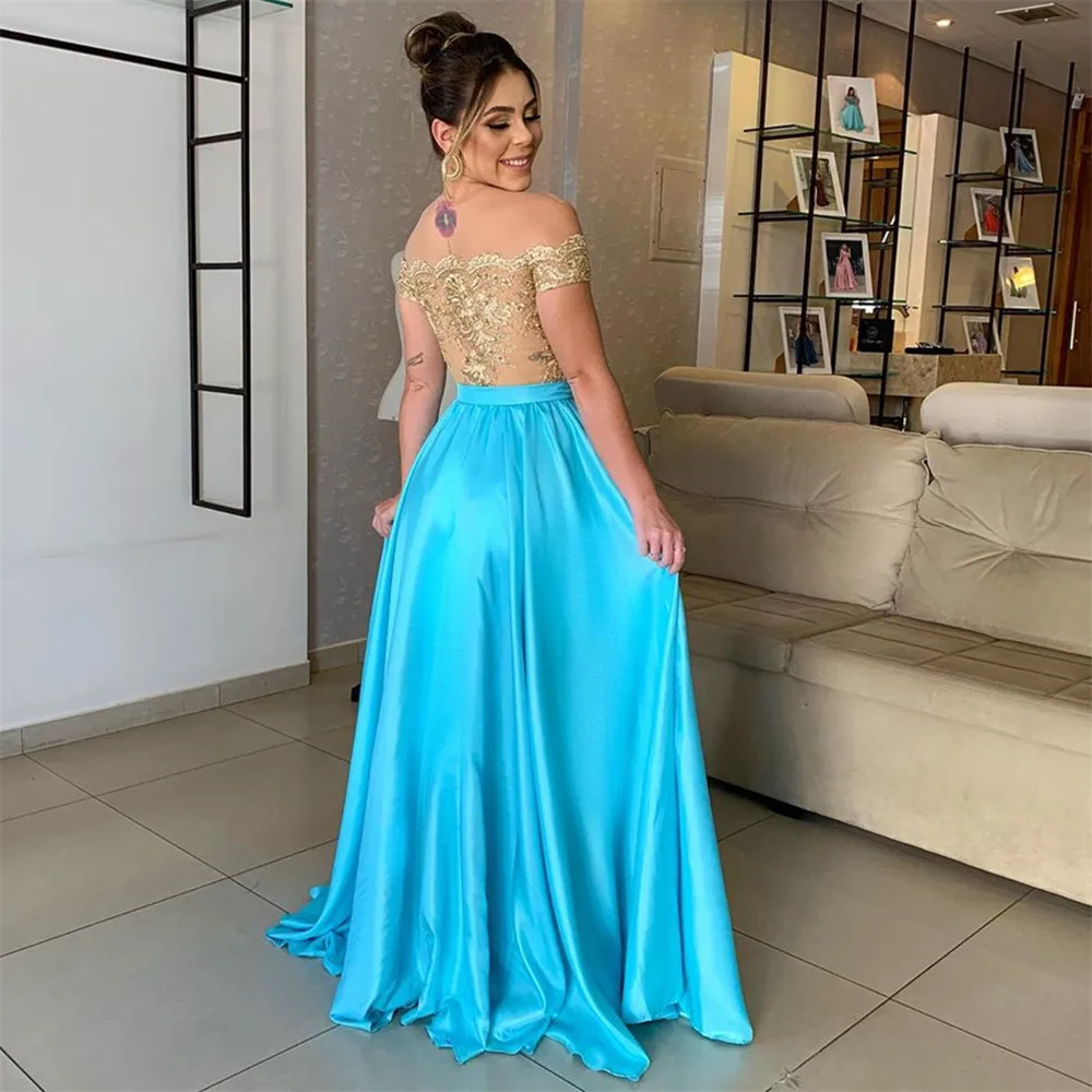 

HONGFUYU A Line Satin Prom Dresses 2021 Off Shoulder robes de soire Lace Bodice Formal Evening Dress Long vestidos de fiesta