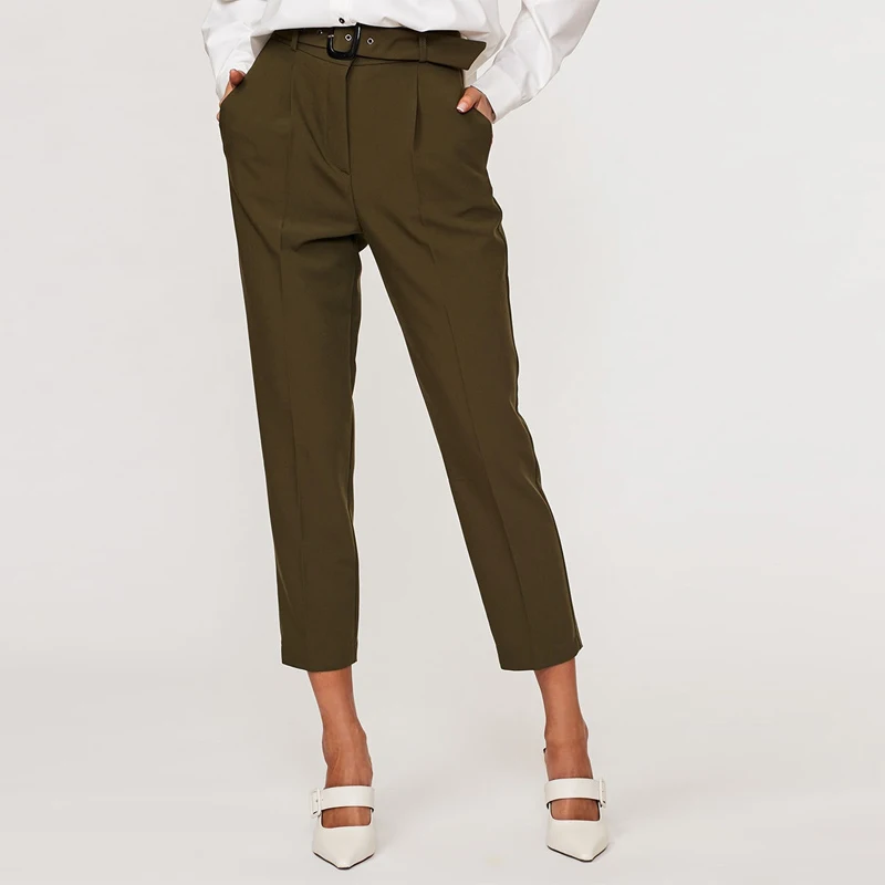

Повседневные брюки с поясом, женская одежда, офисные женские брюки до щиколотки с карманами, Элегантная модная новинка весны 2021