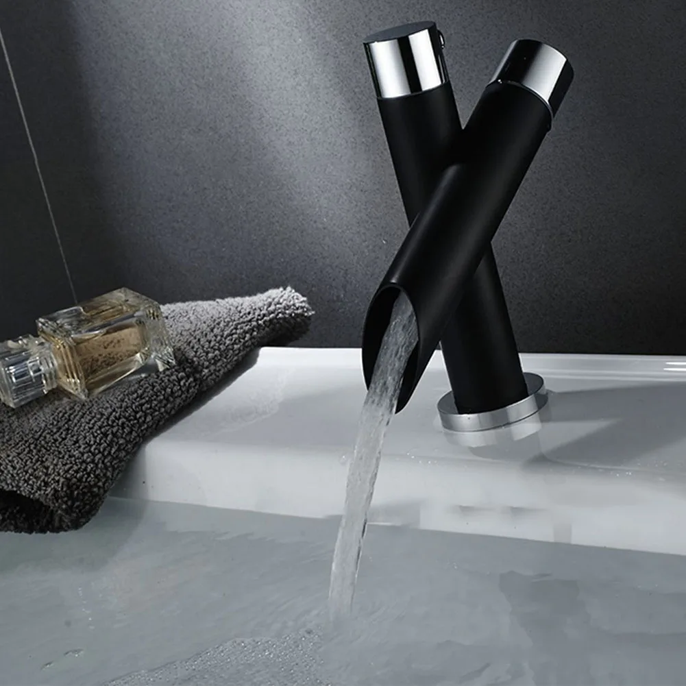 

Deck Mount One Hole Brass Basin Sink Faucet Single Handle Hot Cold Small Black Waterfall Mixer Tap Chrome Home Bathroom Kitchen