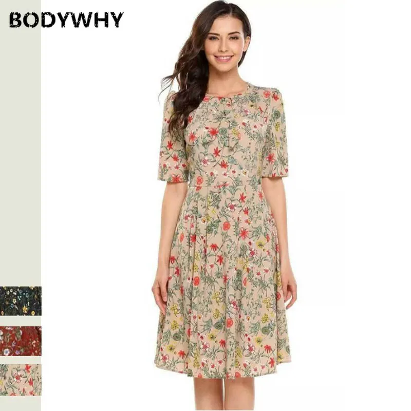 

2020 Summer Best-selling Quality Women's Floral Chiffon Round Neck Hollow Swing Dress Casual Girl Five-point Sleeve Dress