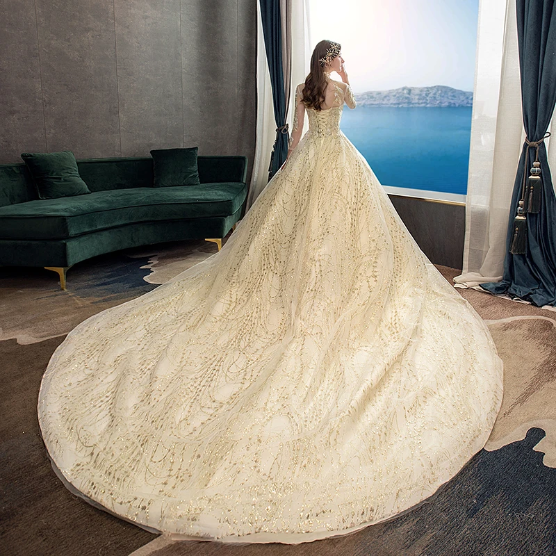 Gold Lace Muslim Wedding Dress With Big Train 2021 New High Neck Full Sleeve  Gown Vintage Bridal  X