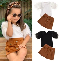 toddler kid girls clothes 2 pcs fashion outfits feather sleeve round neck t shirt brown buttons skirt clothes sets