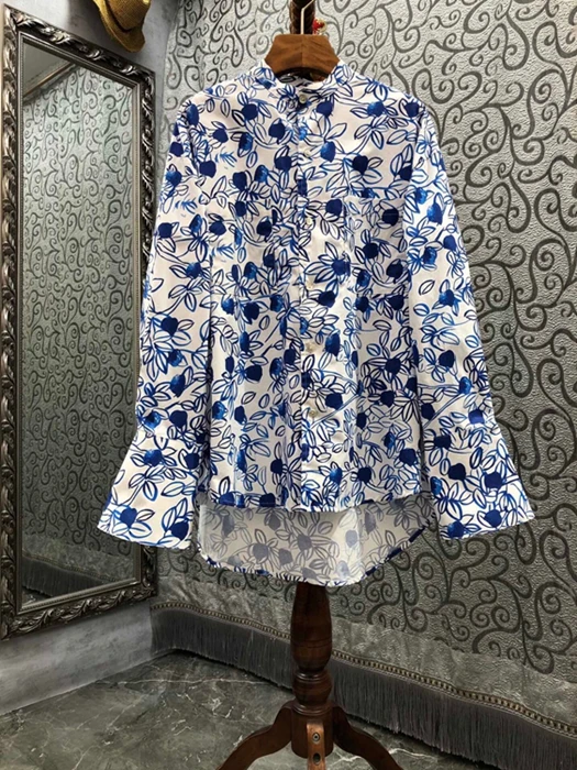 

2021 new women fashion round neck embroidered print pattern decoration long-sleeved loose all-match blouse 901