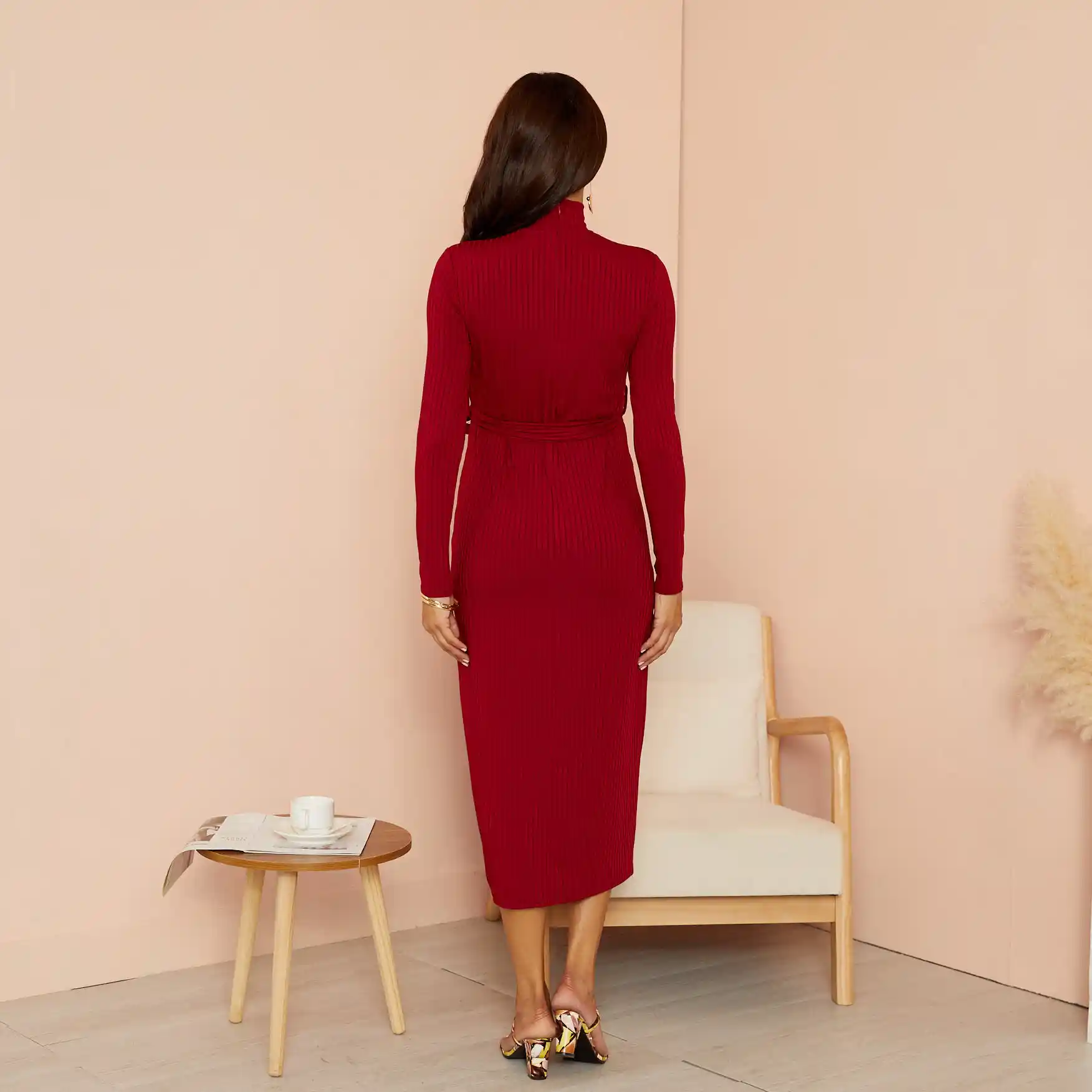 

PatPat 2021 New Arrival Spring Maternity Round collar Plain Burgundy Midi Slip Long-sleeve Dress for Woman Dress Clothes