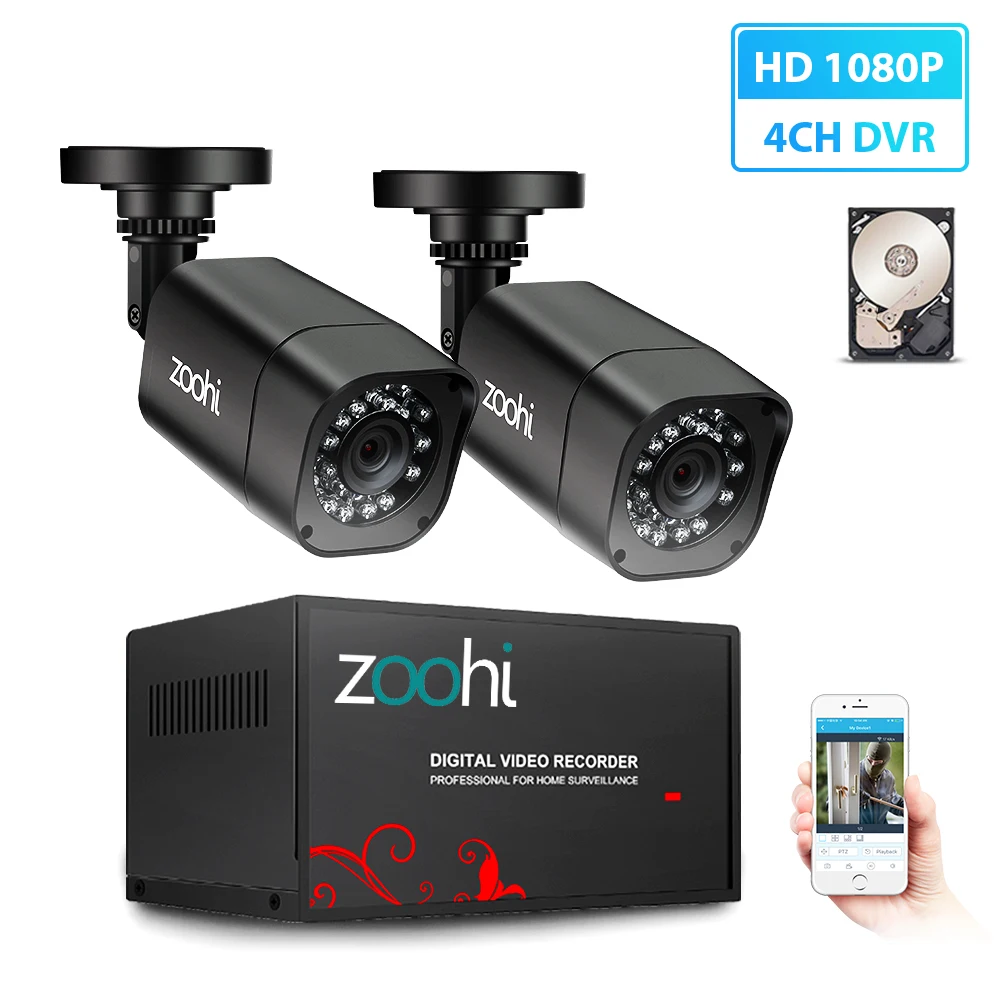 Zoohi AHD наружная система видеонаблюдения 1080P камера безопасности DVR комплект CCTV Водонепроницаемая домашняя система видеонаблюдения HDD P2P HDMI - Color: 1080P 2 Cameras 4CH