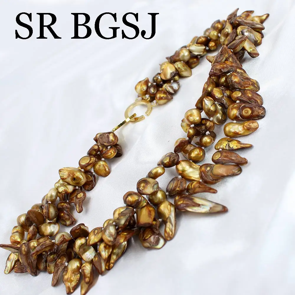 

Free Shipping 8-16mm Freeform Coffee Teeth Pearl 3-Strand Knot Toggle Clasp Women Jewelry Chokers Necklace 17inch