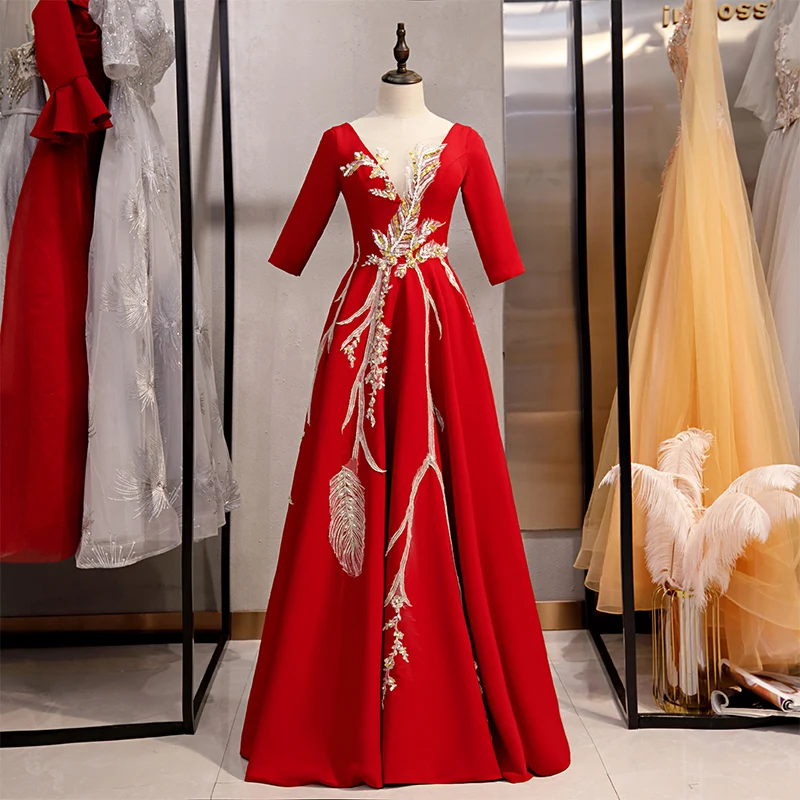 

Red Evening Dress Lace Deep V-Neck Floor-length Sequins Appliques Half Sleeves Elegant Ruched Party Formal Dresses Woman B124