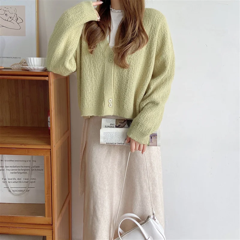

Свитер с v-образным вырезом, женский зеленый кардиган, вязаная однотонная одежда 2022, осенне-зимний модный новый корейский Топ с длинным рука...