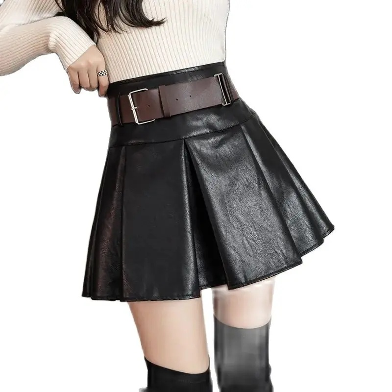 

New 2021 Autumn Winter Leather Skirt Women With Lining Korean Fashion Style High Waist Khaki Black A Line Mini Skirts Free Belt