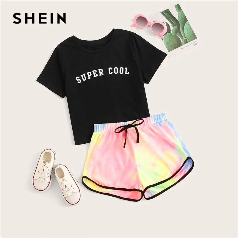 SHEIN Kiddie черная футболка с буквенным принтом и шорты с завязками на талии комплекты для девочек г. Летняя детская одежда с короткими рукавами