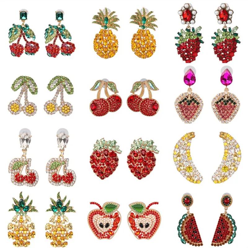 

Strawberry Cherry Pineapple Watermelon Crystal Drop Dangle Earrings Women Fashion Jewelry Bijoux Rhinestone Statement Earring