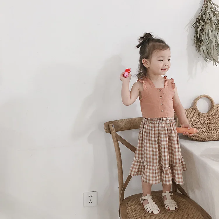 Летний модный жилет для маленьких девочек + клетчатая юбка костюмы из 2 предметов