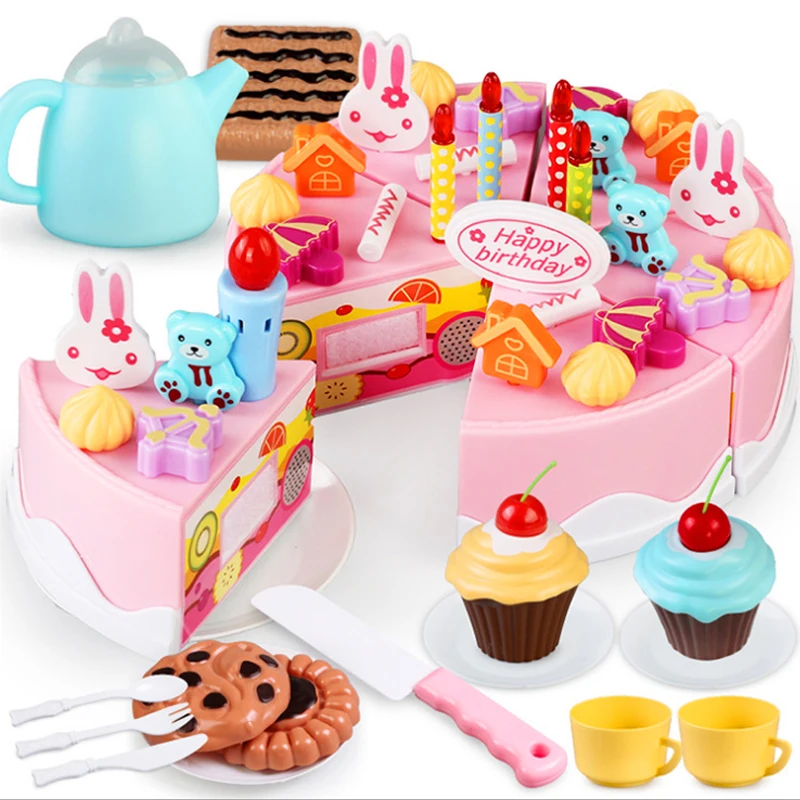 

37 pieces or 75 pieces kitchen toys pretend play fruit cut birthday cake diy cream tea set food toy pink girls kids saucepan set