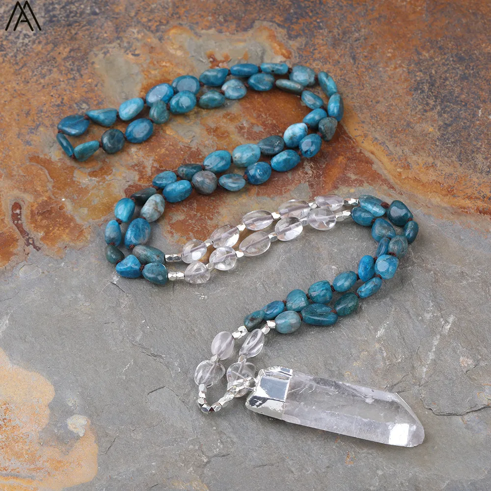 Натуральная белая кварцевая палочка кулон в точку Синий Апатит самородок 108