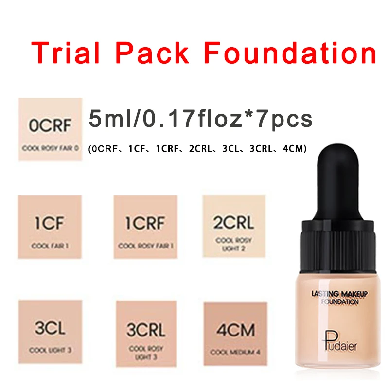 Trial pack 7pcs Pudaier 40 мл профессиональная маскирующая основа для макияжа матовая Тональная основа жидкая Косметика тональный крем для лица полное покрытие - Цвет: Trial pack 7pcs