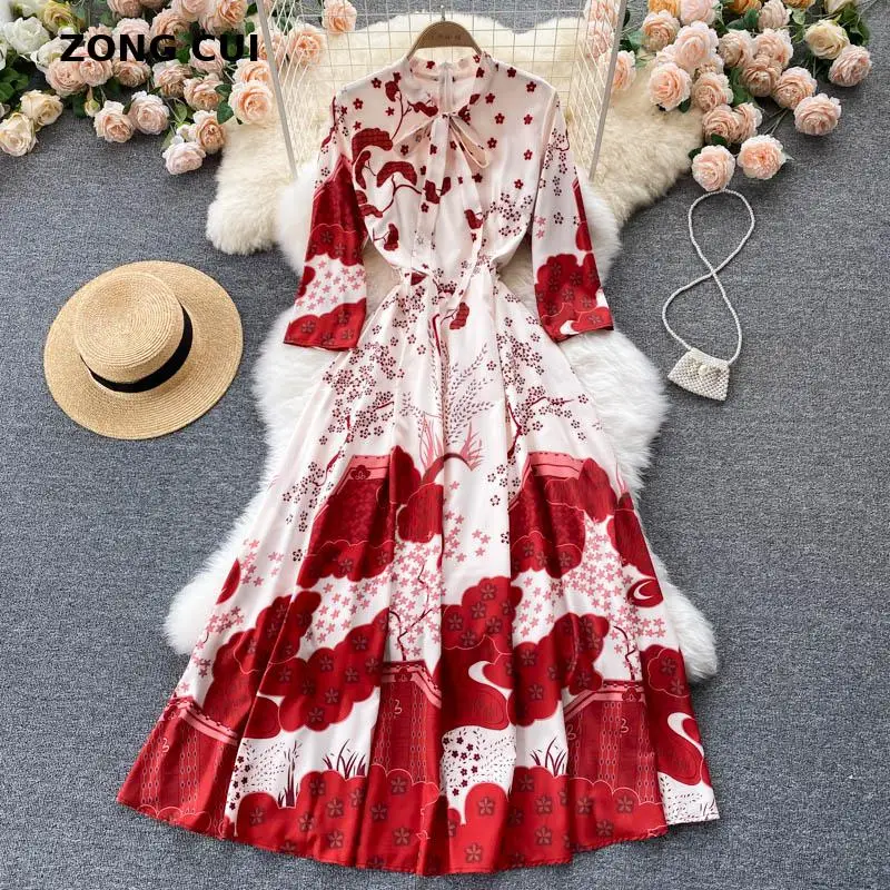 

Elegant and chic maxi dress women's stand collar long sleeve bow big swing Holiday Dress Plus Size red designer dress Vestidos