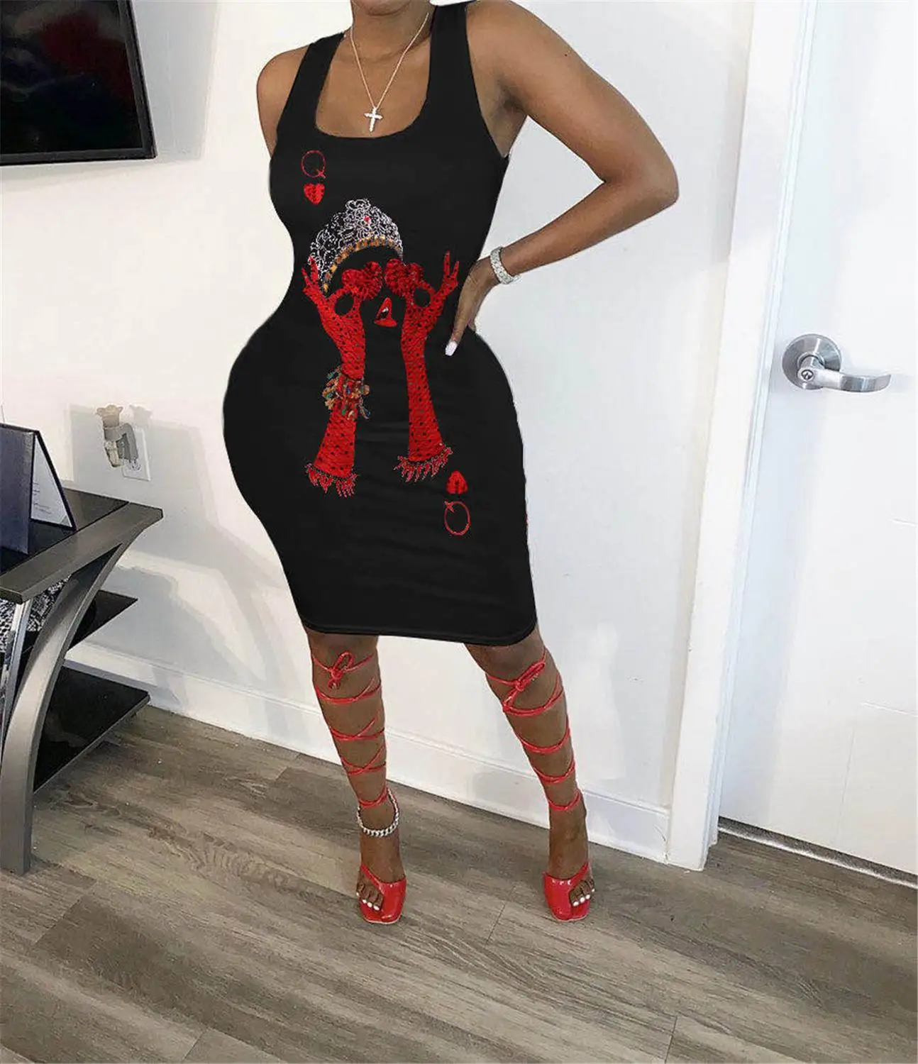 

2020 Women Love Print O-neck Sleeveless Tank Bodycon Midi Dress Sexy Party Club Bandage Knee Length Length Pencil Dresses