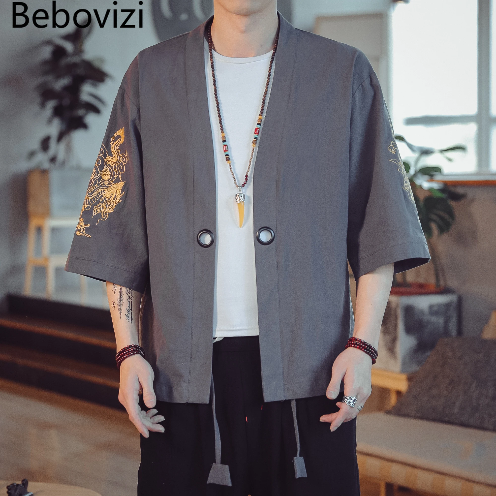 Кимоно Bebovizi мужское хлопковое китайский дракон вышивка топ свободного кроя