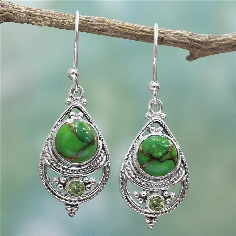 Vintage Pendientes Green Stone Drop Hanging Earrings for Women Boho Ethnic Tribal Geometric Dangle Earring Jewelry Gift