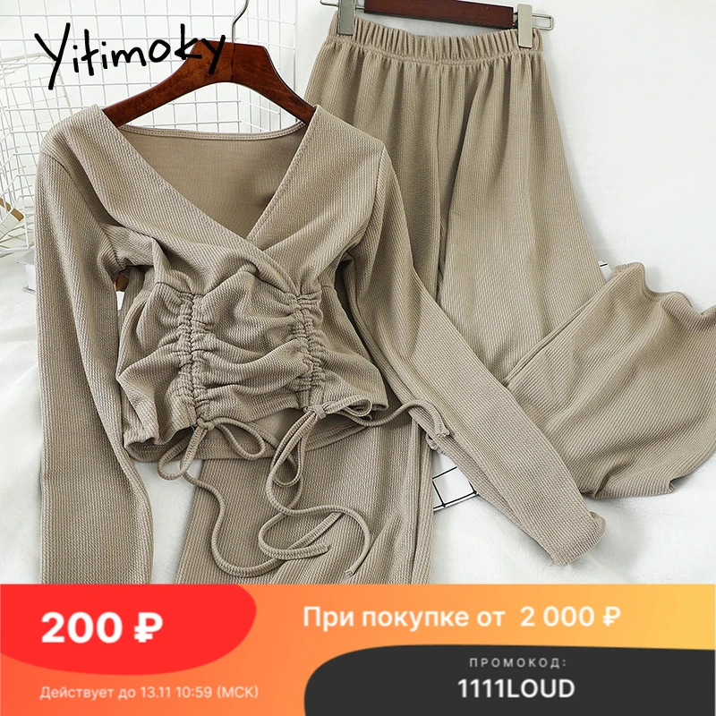 

Женский вязаный комплект Yitimoky, комплект из 2 предметов, эластичный пуловер, укороченный топ и широкие брюки, повседневный костюм на завязках...