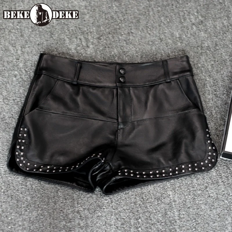 Hot Sexy Leather Mini Shorts Women Rivets Boots Wide-legged Short Trousers Casual Slim Fit Wrap Sheepskin Genuine Leather Shorts