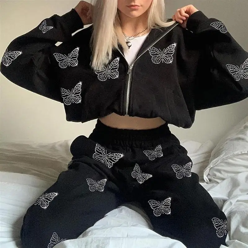 

2021 Woman New Two Pcs Winter Autumn Rhinestone Butterfly Print Long Sleeve Zipper Jacket Coats Loose Pants Hoodies Trousers