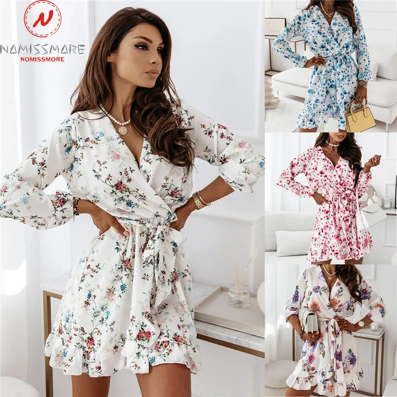

Fashion Women Print A-Line Dress for Streetwear Irregular Design Ruffles Bandage Decoe V-Neck Long Sleeve High Waist Slim Dress