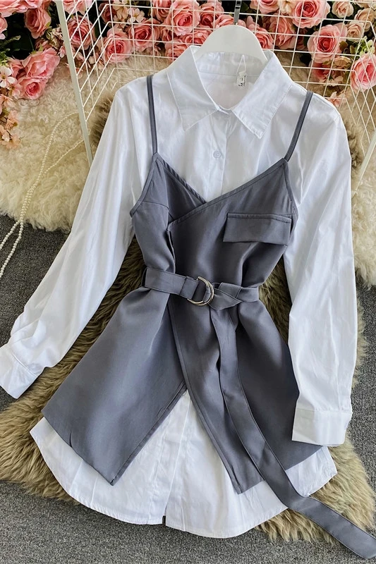 

Spring Fashion Temperament Long Sleeve Irregular Lace Sling Two-piece Mid-length Solid Color Shirt Dress