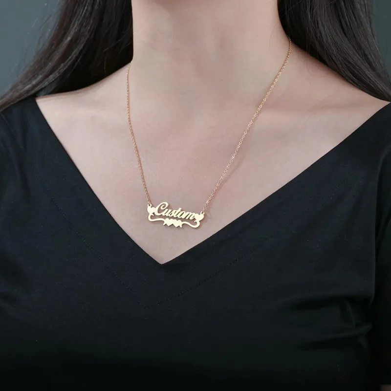 

Double Heart Name Necklace For Women Handmade Personalized Jewelry Choker Necklaces Customized Pendant Lover Gift
