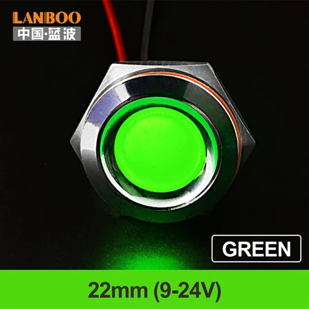 LANBOO 16 мм, 19 мм, 22 мм, красный, зеленый, желтый, синий, 12 В, 24 В, 110 В, 250 В, светодиодный металлический индикатор, лампа, индикатор, светильник, одна лампа, водонепроницаемая - Цвет: 22mm-Green(9-24V)