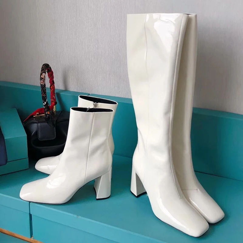 2020 Winter New Collection Designer Boots Knee High Long Mirror Leather Square Toe Heel Lelathe Shoes Women | Обувь