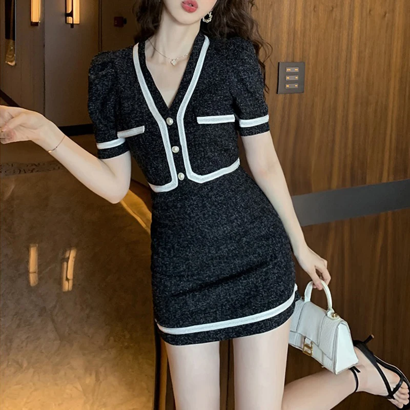 

Fashion Women Summer Korean Vintage OL Casual Short Sleeve Top High Waist Skirt Single Breasted V-Neck Shirt Blouse 2 Pieces Set