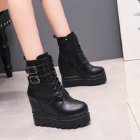 womens 2021 autumn and winter new all matching increasing insole wedge ankle boots super high heel middle boots fleece lined