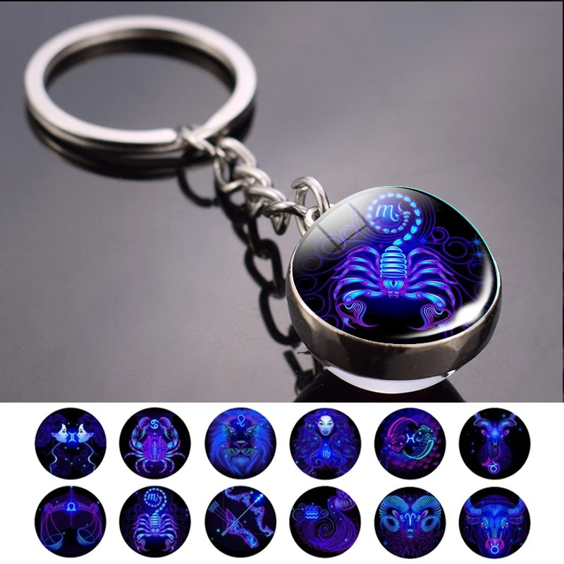 

12 Constellation Keychain Fashion Double Side Cabochon Glass Ball Keychain Zodiac Signs Jewelry For Men For Women Birthday Gift