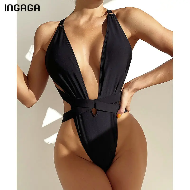

INGAGA Plunging Women's Swimsuit One Piece Black Swimwear 2021 Ring Linked Bodysuit Women Criss Cross Monokini Belted Beachwear