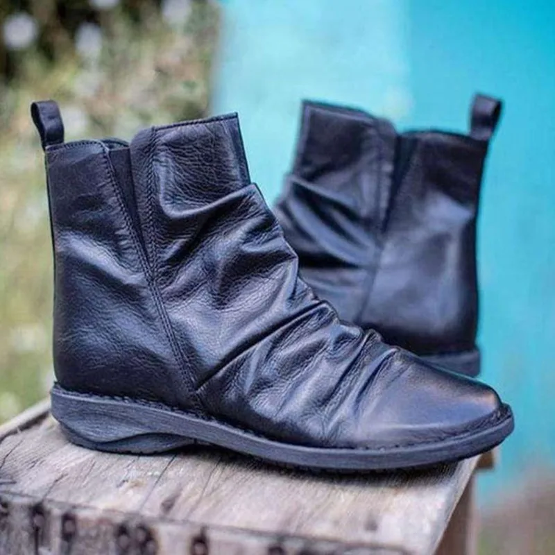 

British Style Women Ankle Boots Pu Leather Autumn Fashion Pleated Zipper Short Booties Ladies Flats Retro Naked Martin Shoes New