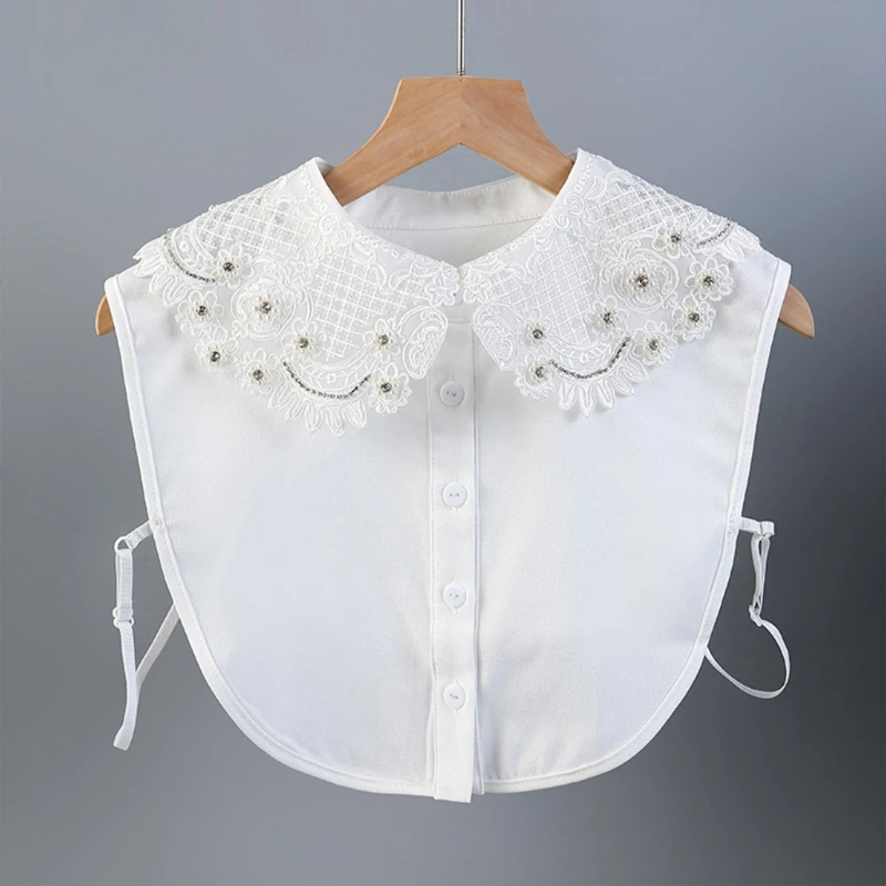 

573B Japanese Style Women Girls Chiffon Lapel Shawl Fake Collar Detachable Dickey Blouse Embroidery Floral Lace Diamond Beaded