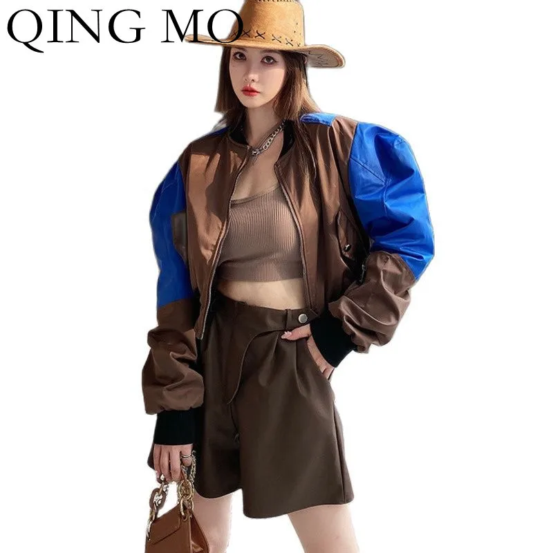 

QING MO Autumn Fashion Contrast Color Bubble Sleeve Cardigan Coat Women 2021 New Loose And Thin Short Motorcycle Jacket ZWL1160
