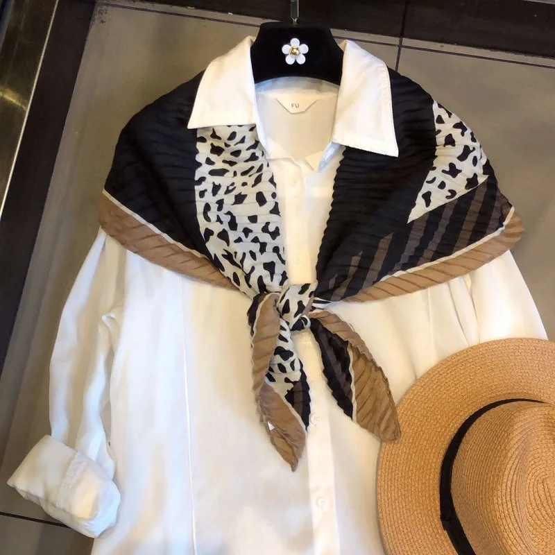 

90cm Square Crumpled Cotton and Linen Scarf for Women Leopard Splicing Shawl patchwork Korean wrap