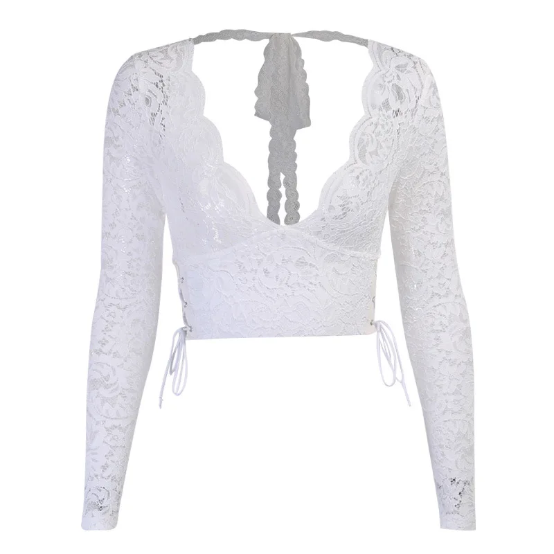 

Spring Vintage Deep V Neck Sexy Lace Tshirt Women See-Through Backless Bandage Crop Top Women Solid Slim Casual Party T-shirt