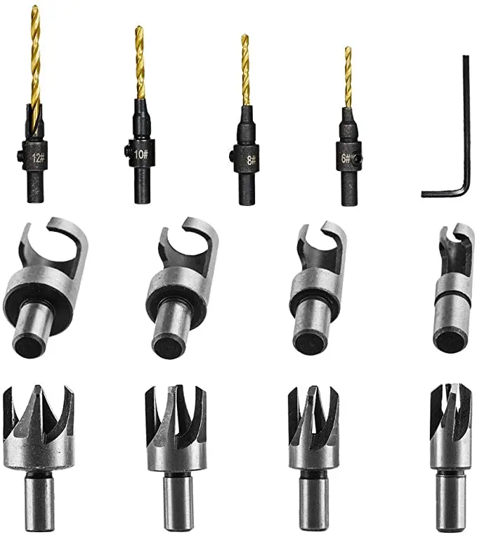 

Набор сверл с зенкером, комплект из 4 насадок с шестигранным хвостовиком, 8 корончатых фрез по дереву