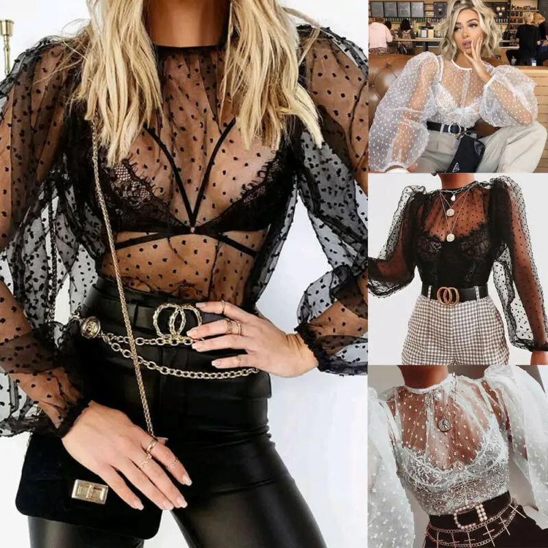 Однотонные женские рубашки новые модные Прозрачные топы с длинными рукавами