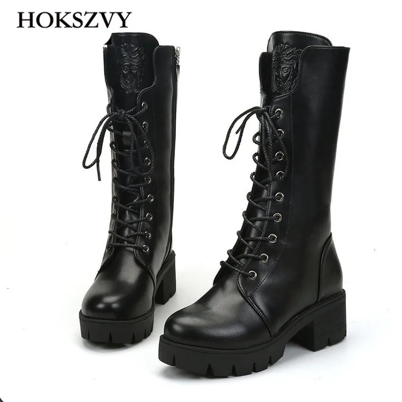 Женские сапоги до колена HOKSZVY теплые из искусственной кожи с хлопковым