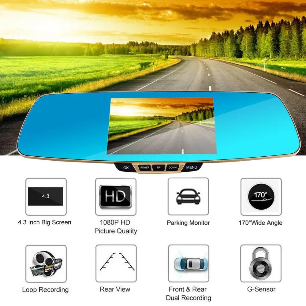 F3C Dual Lens 4.3 TFT Rearview Mirror Dual Channel Dash Cam with Car Recorder and Reverse Parking System 1080P HD 140 Angle images - 6