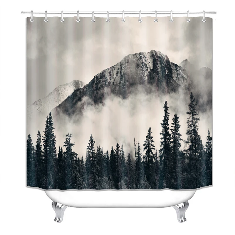 

Shower Curtain, Bathroom Curtains Accessories-Mountains,Clouds,Forest,Trees,Greay Dark,Decorations