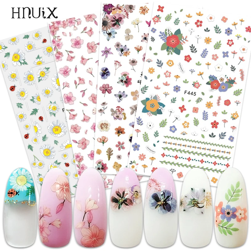 HNUIX 1 3D тисненые наклейки для ногтей с листьями цветущие Цветочные дизайна