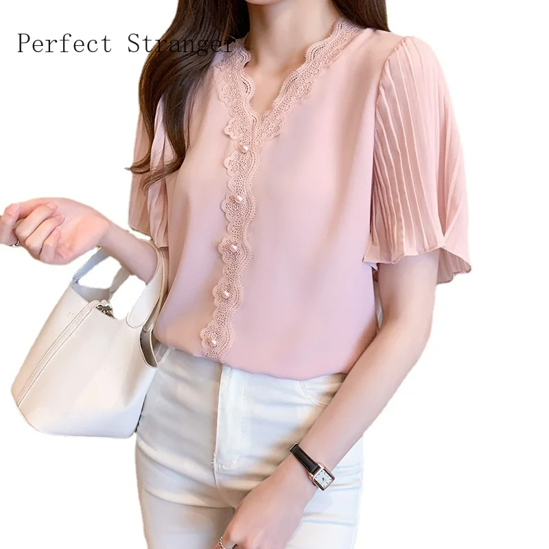 

2021 Fashion Womens Tops and Blouses Short Sleeve Shirts Women V Collar Chiffon Women's Blouse Vintage Top Female