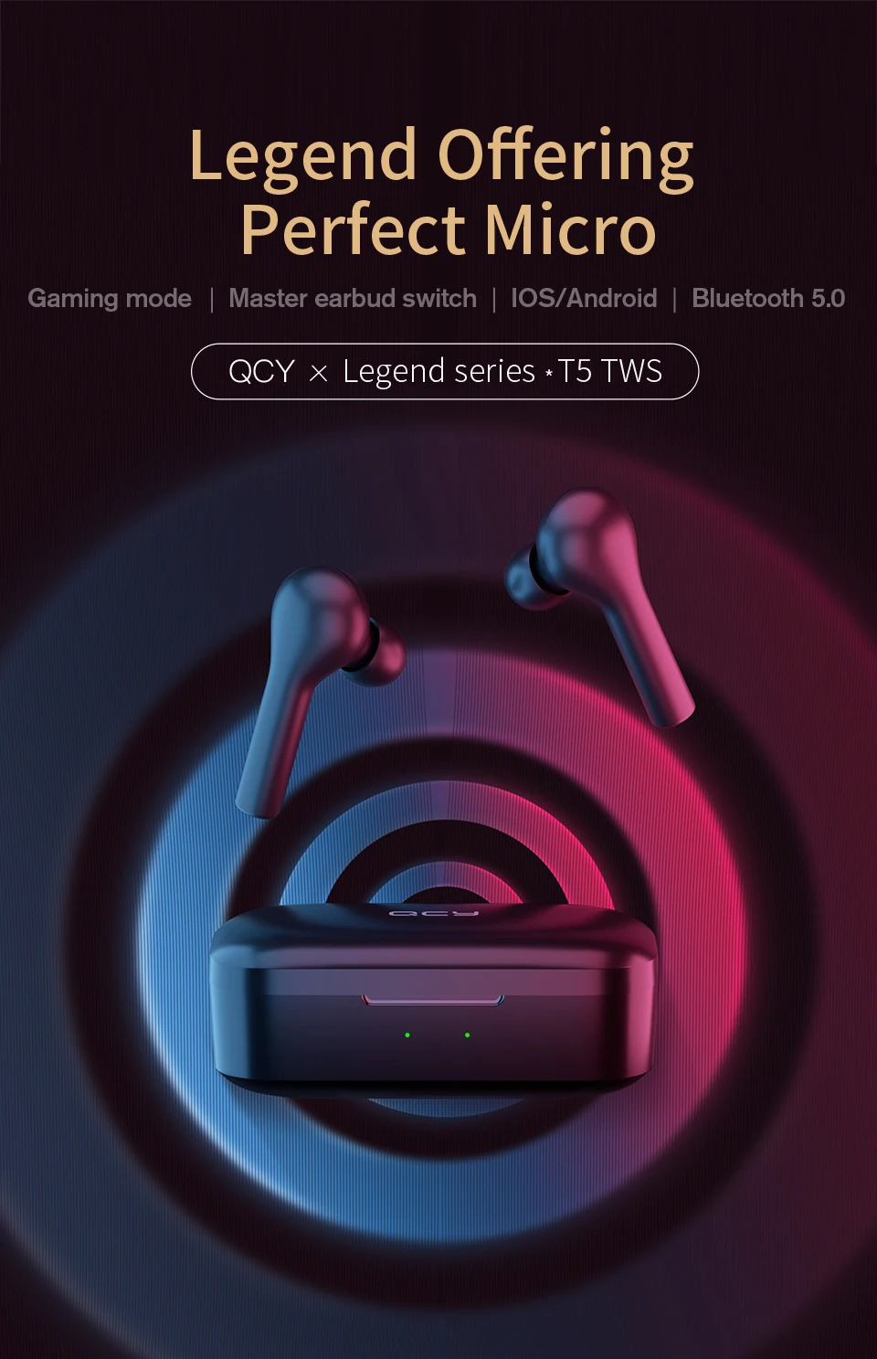 QCY T5 Bluetooth 5,0, беспроводные наушники, спортивные наушники для бега, сенсорное управление и удобное ношение с двойным микрофоном