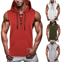 solid color hooded tie t shirt man sleeveless hoodie hooded workout gym bodybuilding training tank top vest with material cotton