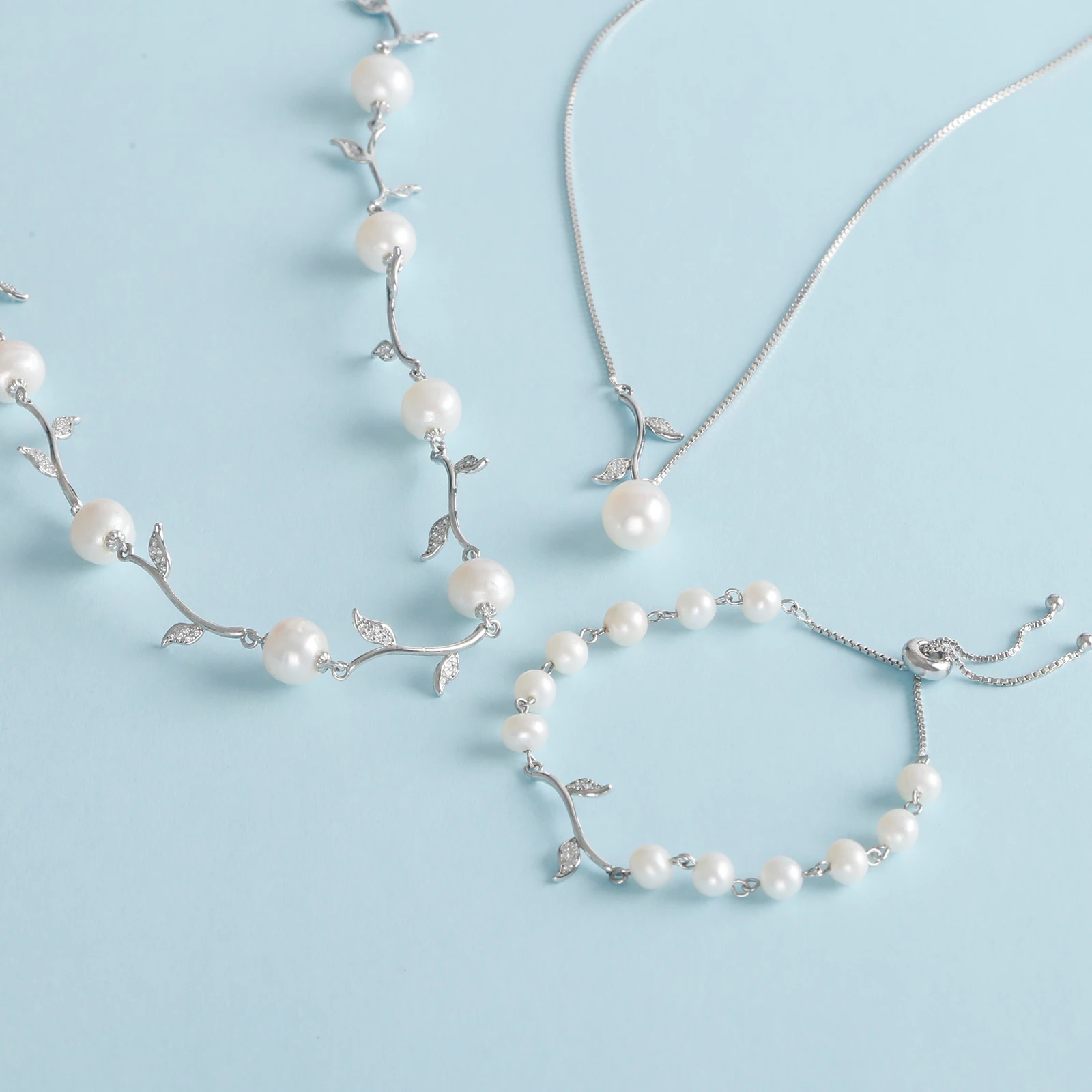 

925 Sterling Silver Freshwater Pearl Necklace&Bracelet Jewelry Sets Inlay Cubic Zirconia Simple Style Elegant Gift for Women